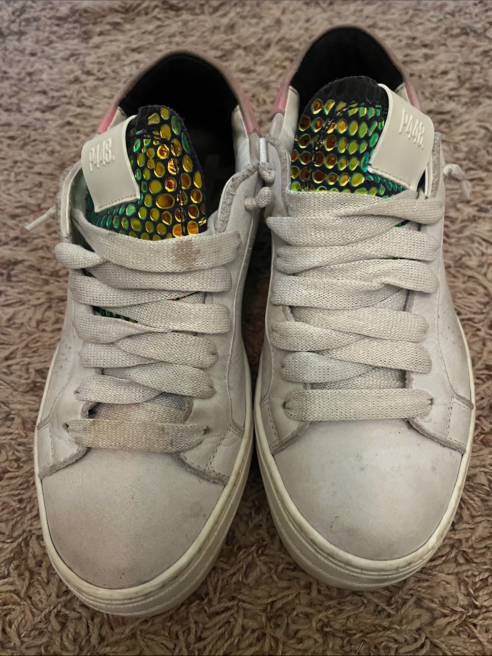 P448 White Leather Sneakers with Iridescent Green-Gold Tongue